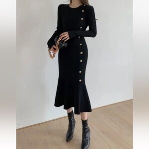 Black Ribbed Dress with Gold Button Accents